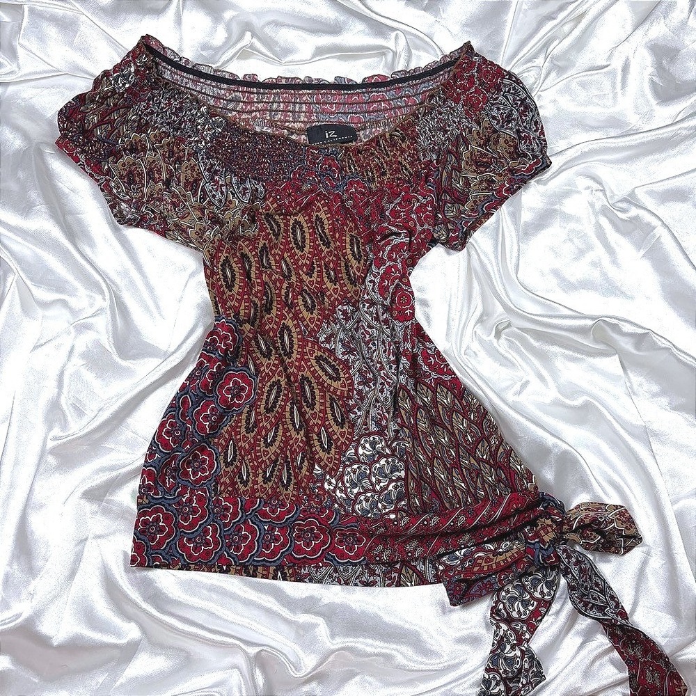 y2k IZ Byer California Top Paisley Red Smocked Side Tie Blouse S